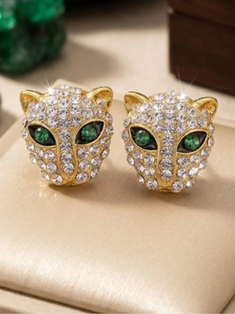 NWT Gold Leopard Panther Head Pave Crystal Earrings Green Rhinestone Eyes